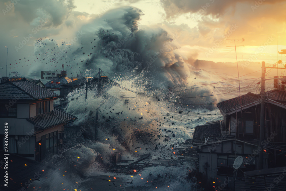 Apocalyptic dramatic background - giant tsunami waves crashing small coastal town