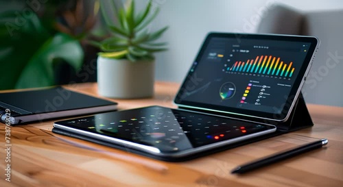 Close up of laptop and tablet with financial charts on screen, stock market concept photo