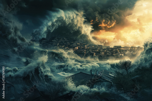 Apocalyptic dramatic background - giant tsunami waves crashing small coastal town