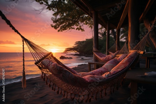 A hammock rests on the sandy beach as the sun sets over the water