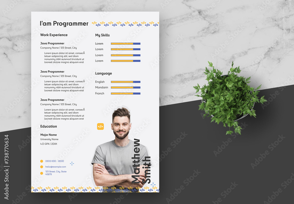 Blue and Yellow Pixel Programer Resume Stock Template | Adobe Stock