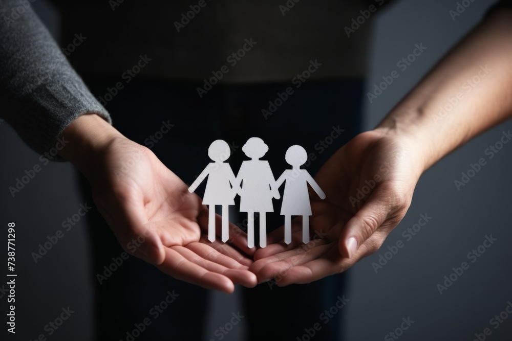Hand holding paper figures happy family bond concept children health insurance together parents care for child protection safety security community partners silhouette love symbol help cooperation