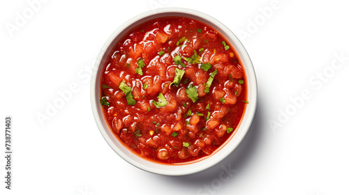 Top view of a bowl of mexican salsa sauce. Isolated on white background. 