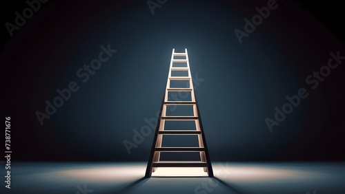Illuminated Wooden Ladder in Dark Room with Dramatic Spotlight