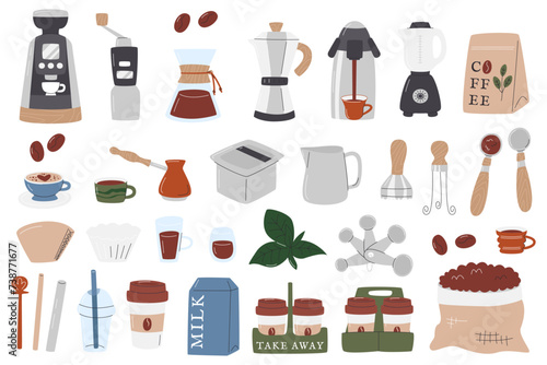 Barista accessories and tool set. Different coffee design elements. Coffeehouse equipment collection isolated on white. Coffee paper and plastic to-go supplies. Hand drawn flat vector illustration