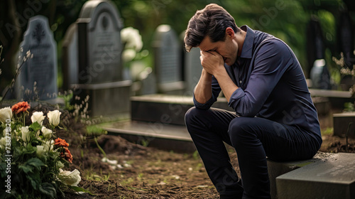 Christian man crying next to a grave with a headstone for a deceased relative in the family 