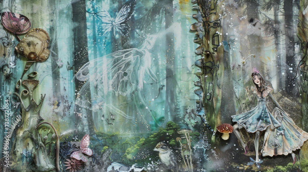 Whimsical Fairy Tale Forest Background with Enchanted Creatures.