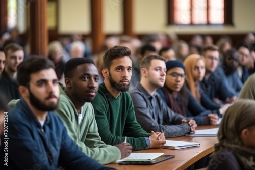 Diverse students group listening to favorite subject college student preparing for exam learning topic study process attention lecture class active learner classmate young academic background listen photo