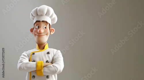 Personnage cartoon d'un chef cuisinier, sur fond gris, image avec espace pour texte.