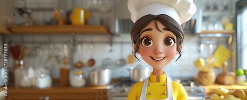Personnage cartoon d'une femme chef cuisinier, cuisine en arrière-plan.