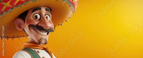 Personnage cartoon d'un chef cuisinier mexicain souriant, sur fond orange, image avec espace pour texte.
