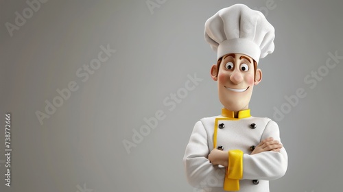Personnage cartoon d'un chef cuisinier souriant, sur fond gris, image avec espace pour texte.
