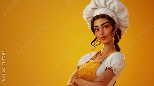 Personnage cartoon d'une femme chef cuisinier, sur fond orange, image avec espace pour texte.