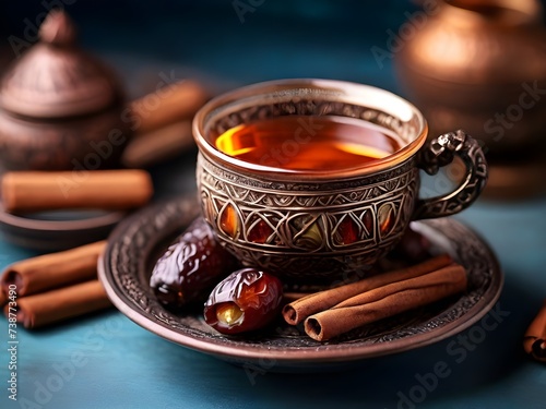 ramadan oriental dates in an ethnic style saucer with a glass of tea and cinnamon sticks