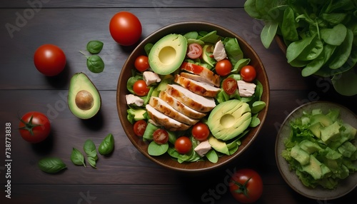 Healthy salad with chicken, tomato, avocado, vegetables on a table