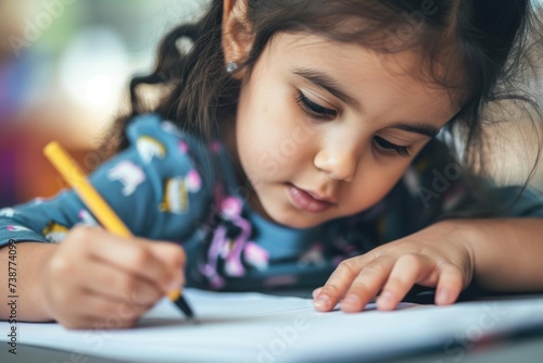 Young child doing homework preparing for test exercise exam education system learning writing notes kid studying drawing interactive lessons home book interested engaged elementary school essay task photo