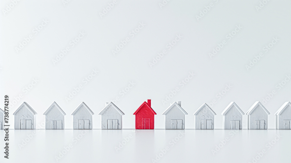 One red house uniquely positioned among rows of white houses One red house uniquely positioned among rows of white houses