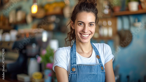 Joyful woman wearing apron stands in a bright, plant-filled cafe