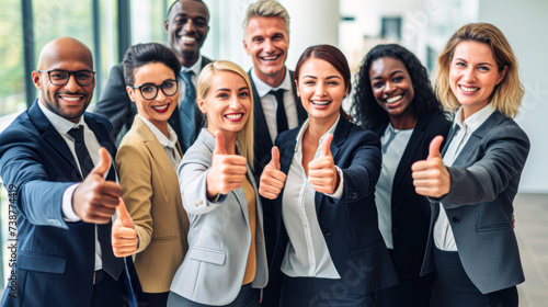 Enthusiastic diverse team in formal attire giving thumbs up in an office setting photo