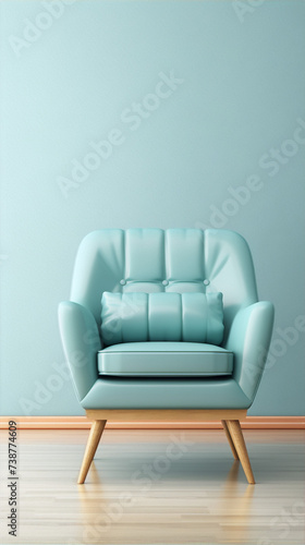 Retro mint green armchair against mint green wall background
