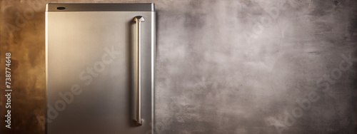 A stainless steel refrigerator against a concrete wall.