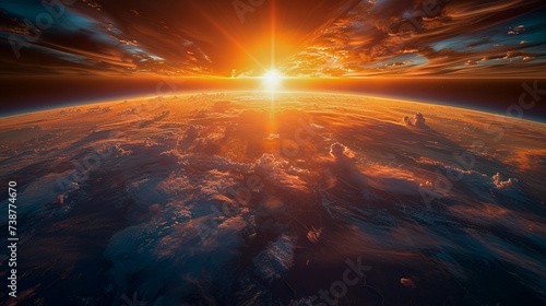 Sunrise and Earth view from space. AI generated image