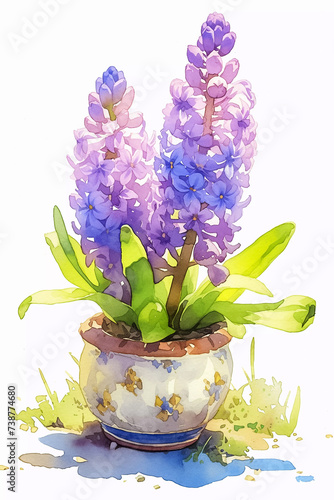 Vertical watercolor illustration of hyacinths in a pot, isolated on a white background photo