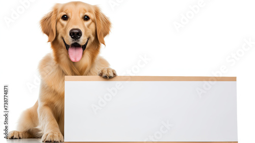 Cute Happy dog holding a Blank white Sign