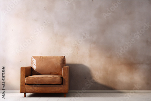 Retro brown leather armchair against grunge wall