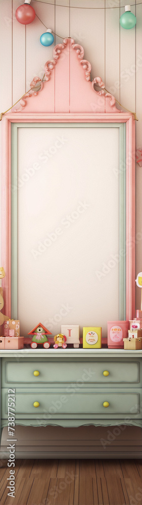 Pale pink frame and green cabinet with pastel toys on it. Pale pink frame and green cabinet with pastel toys on it.