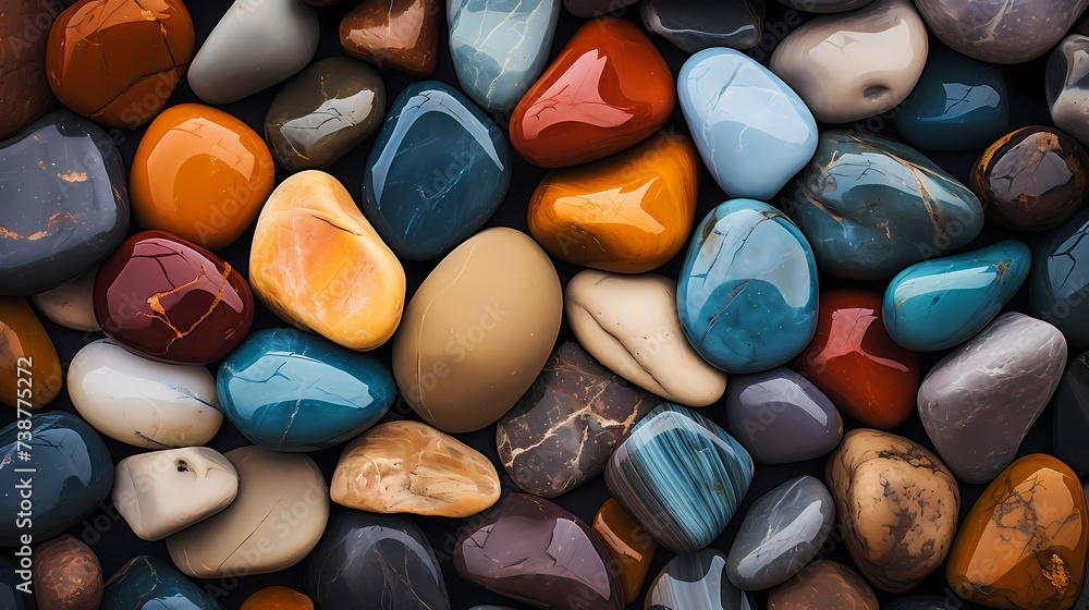 Close-up of colorful polished pebbles, close-up of stone Close-up of colorful polished pebbles, close-up of stone