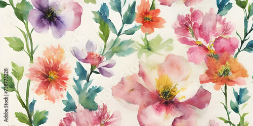 Seamless Floral Blossom Watercolor Drawing Botanical Texture Painting Flower Pattern Fabric Print Nature Background Illustration.Retro Vintage Spring Pink Color Plant Garden Painting Wallpaper Design.