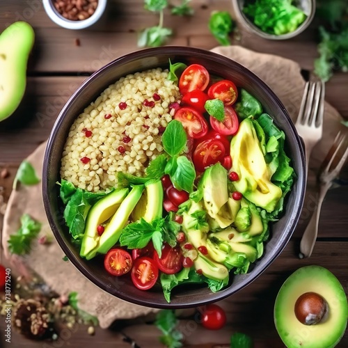 healthy salad with quinoa and avocado in a bowl.