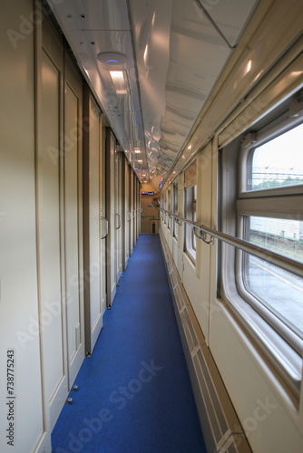 Moscow, Russia- August 21, 2021: Kazansky Railway Station, compartment car of the train inside © IvSky