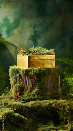 Golden box with red and green plants on a stump in a green mossy forest