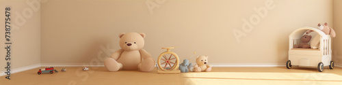 Cute teddy bears and wooden toys in a bright, sunny nursery.