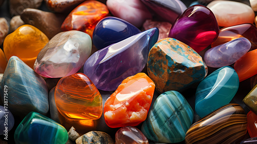 Close-up of colorful polished pebbles, close-up of stone © ma