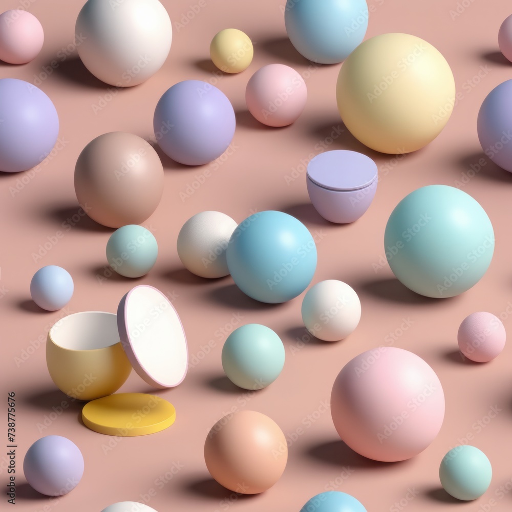 3d rendering of a colorful abstract background with balls and geometric shapes in pastel tones. minimal geometric shapes. abstract geometric shapes composition with geometric shapes and balls on pink 
