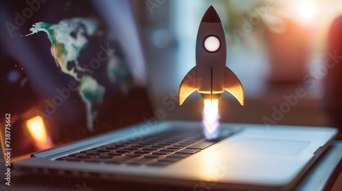 Sleek, futuristic rocket blasting off from an open laptop screen, symbolizing a dynamic and powerful concept for launching a successful startup business in the tech industry. photo