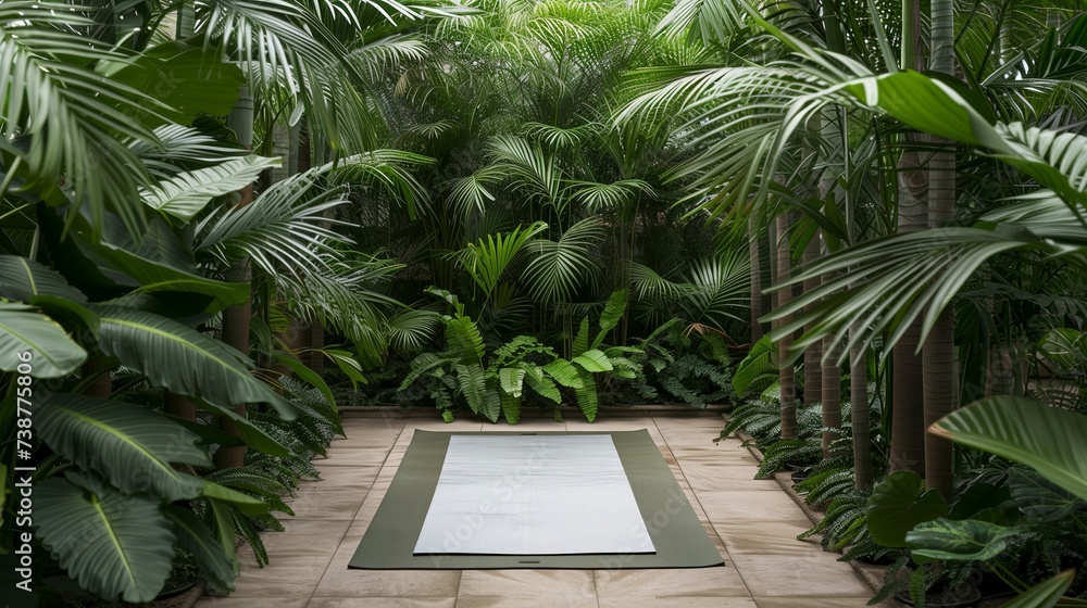 A serene yoga mat lies on floor, surrounded by a lush green forest setting, inviting tranquility and mindfulness for a peaceful meditation retreat and wellness practice. - obrazy, fototapety, plakaty 