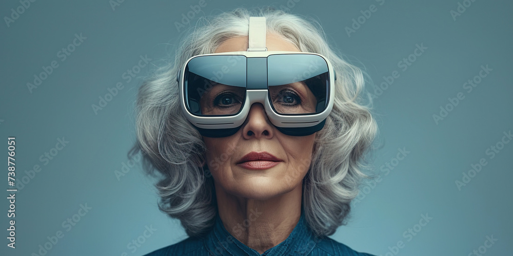 Caucasian senior female wearing a VR headset