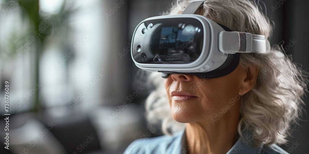 Caucasian senior female wearing a VR headset Caucasian senior female wearing a VR headset