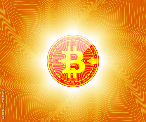 Very beautiful gold coin of digital currency bitcoin in the rays of light and with reflection on the surface on a bright orange abstract geometric background of smooth lines