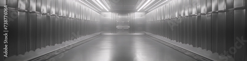 Futuristic spaceship interior with long corridor and bright lights