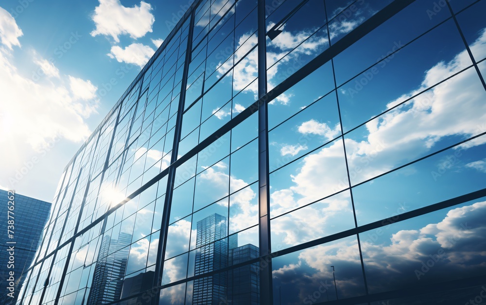 a glass building with a blue sky and clouds