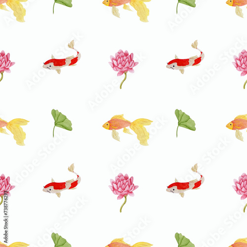 Summer watercolor pattern with carps, goldfish, lotuses