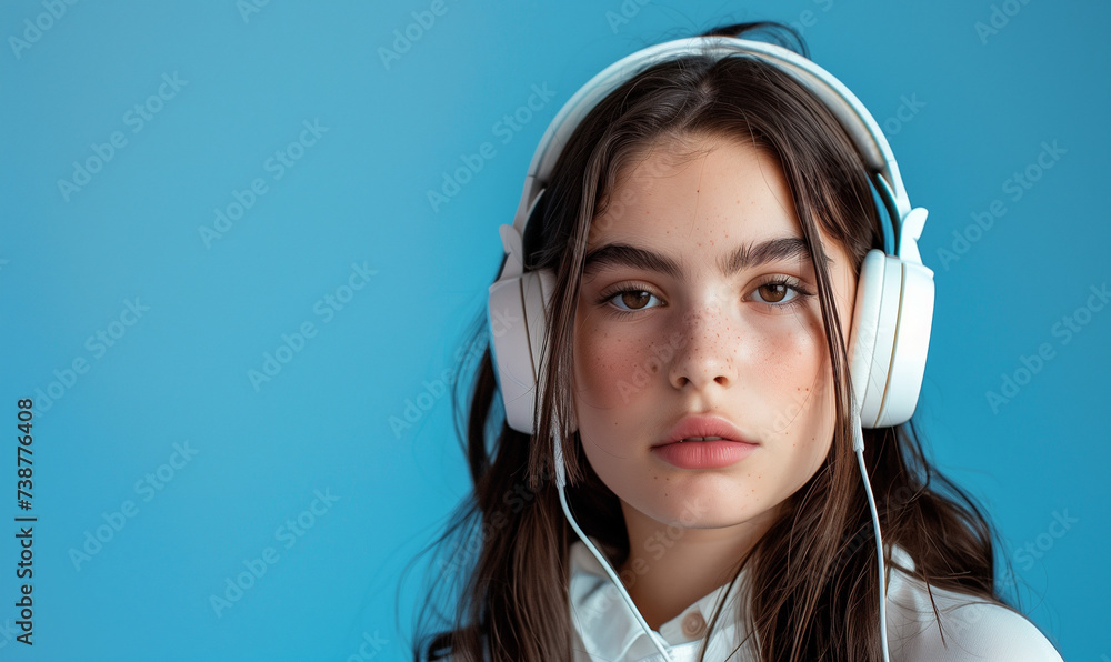 studyjne zdjęcie nastolatki w białych słuchawkach na niebieskim tle, portret i dużo tła - obrazy, fototapety, plakaty 