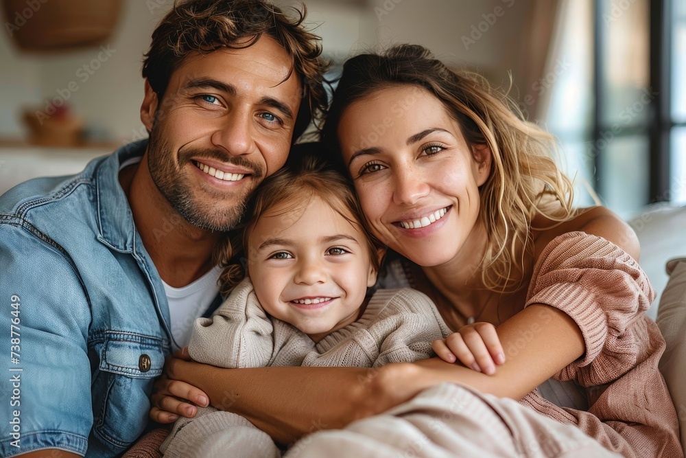 A joyful family embraces in their cozy indoor space, their happy faces radiating love and friendship as the father hugs his toddler daughter and the woman and boy share a heartwarming smile against t A joyful family embraces in their cozy indoor space, their happy faces radiating love and friendship as the father hugs his toddler daughter and the woman and boy share a heartwarming smile against t