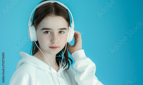studyjne zdjęcie nastolatki w białych słuchawkach na niebieskim tle, portret i dużo tła
