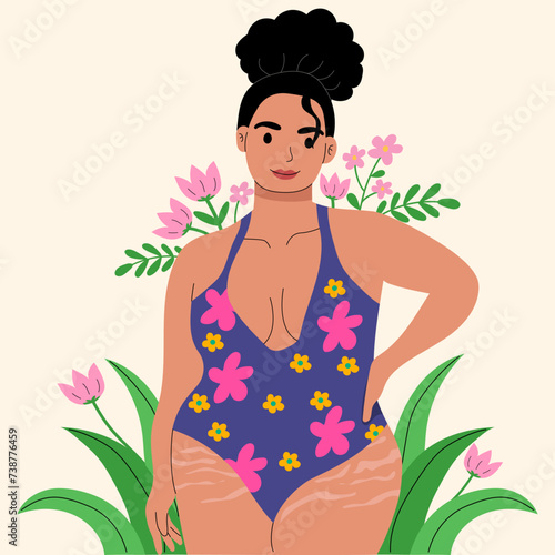 Plus size woman with stretch mark in her skin proud to show her self by wearing swim suit vector illustration